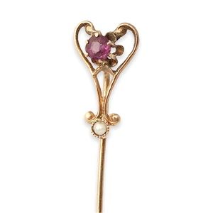 Antique 14K Gold Amethyst Paste & Seed Pearl Heart Stick Pin Circa Early 1900s